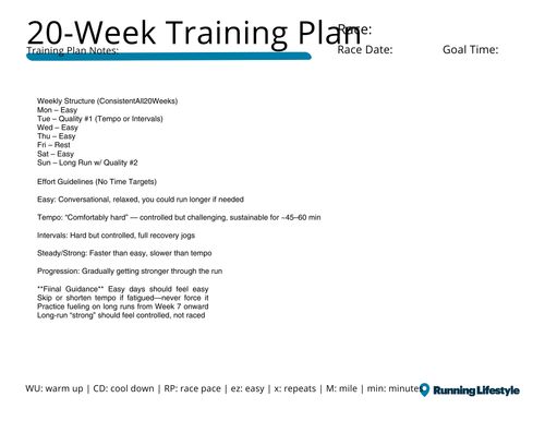 20 Week Full Marathon Beginner (no time goal)
